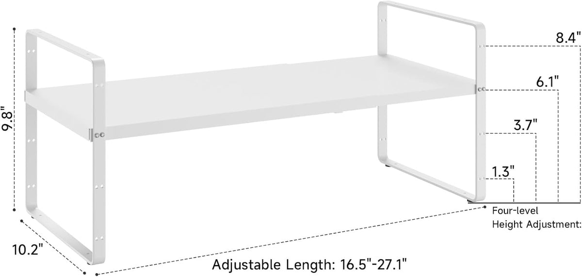 16.5~27.1" Expandable Shelf Organizer, 1Pack 10.2" Wide Stackable Cabinet Shelf Organizers, White Metal Sturdy Kitchen Counter Storage for Countertop, Adjustable Height Spice Rack