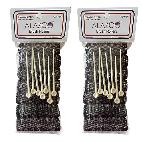 14 pc Vintage Style Hair Roller Medium BRUSH ROLLERS & PINS Mesh Hair Curlers With Bristles 2.5"x 3/4", with Flexible Locking Pins