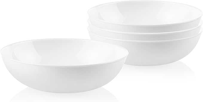 Corelle 4-Pc Meal Bowls Set Service for 4, Durable and Eco-Friendly 9-1/4-Inch Glass Bowls, Compact Stack Bowl Set, Microwave and Dishwasher Safe, White, 46 Ounces