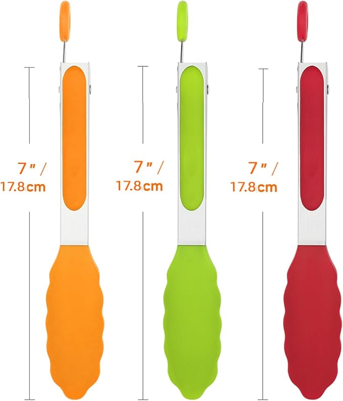 Small Silicone Tongs for Cooking,3 PCS 7-Inch Mini Serving Tong-600°F Heat Resistant Non Stick Stainless Steel Tong s with Silicone Tips Food Tong Cooking Tongs for Salad,Buffet Serving
