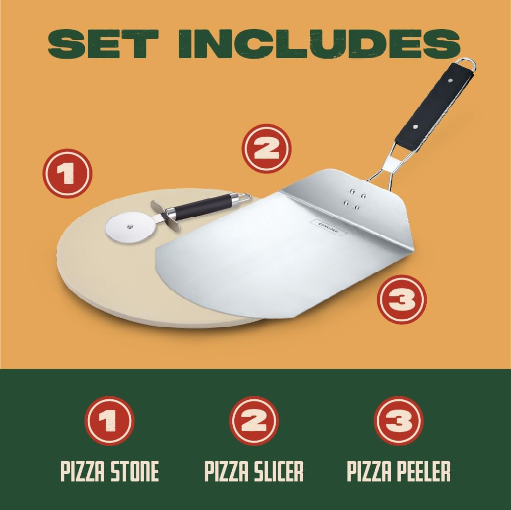 Concord 3 Piece Pizza Stone, Pizza Peel, Pizza Cutter, with Cordierite Heatwell Technology (Pizza set)