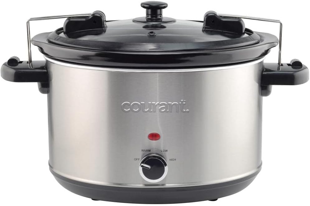 Courant 6-Quart Slow Cooker with Locking Lid, Warm Settings, Stainproof Stoneware Pots and Glass Lids – Stainless Steel