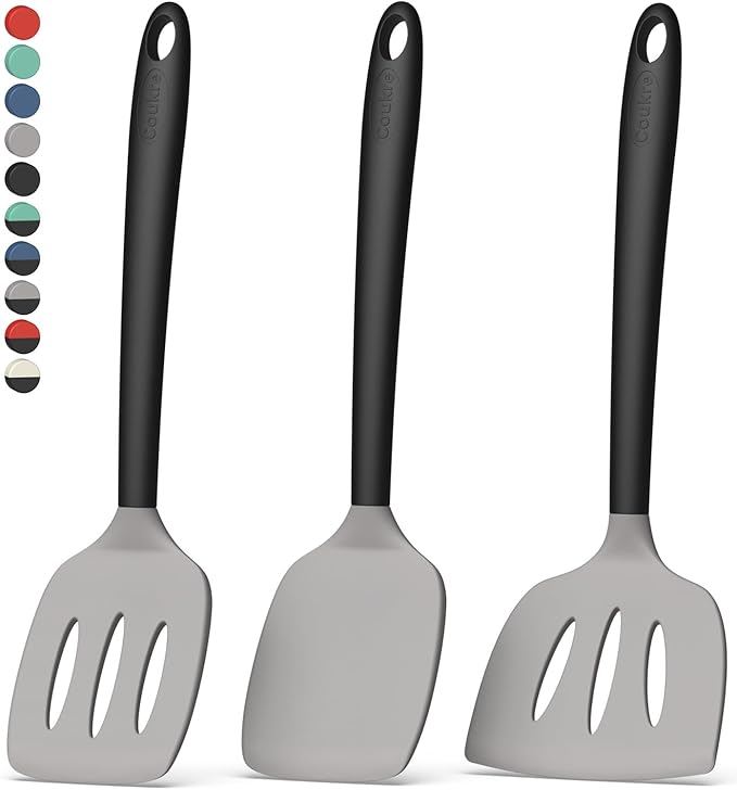 Coukre 3 Pack Silicone Spatula Set, High Heat Resistant, BPA-Free, Fish Spatula, Solid & Slotted Turner for Non-Stick Pans, Flipping Eggs, Pancakes, Fish, Burgers (3, GrayBlack)