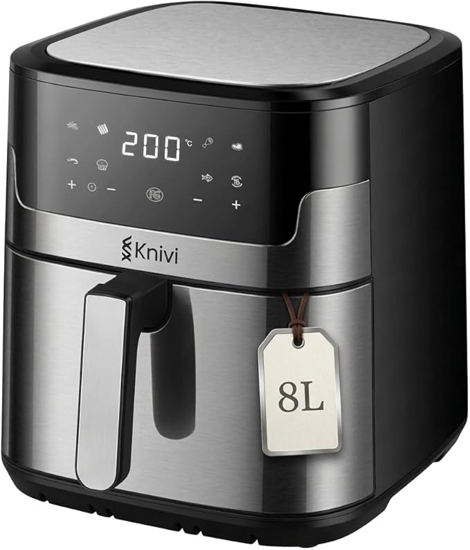 Knivi 8L Stainless Steel Air Fryer – 1500W Digital Touchscreen Airfryer Oven with 8 One-Touch Presets, Defrost & Bake – Large Family Size Non-Stick Basket, Dishwasher Safe – Silver