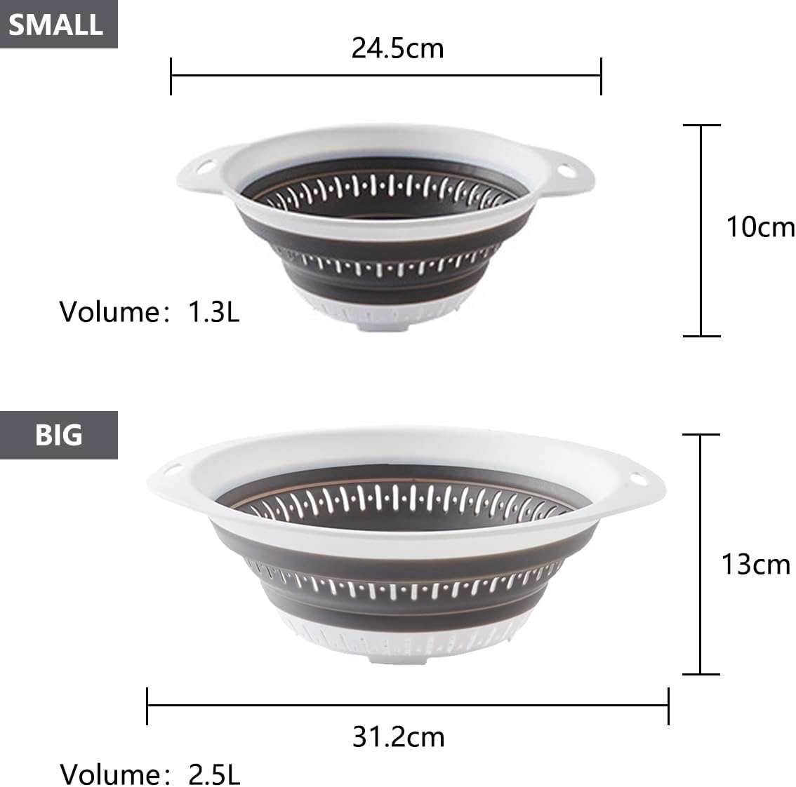 Collapsible Colander and Strainer,Silicone Strainer Colanders & Food Strainers,for Vegetable and Fruit, Kitchen Essentials (2, White, 1.3L+2.5L)