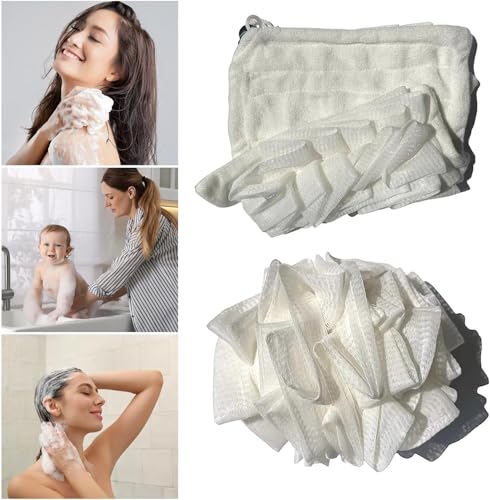 2 in 1 Loofah Washcloth with Soap Pocket & Drawstring, Exfoliating Mesh Shower Scrubber Glove for Body Wash – Soft Reusable Bath Sponge for Men & Women(Purple)