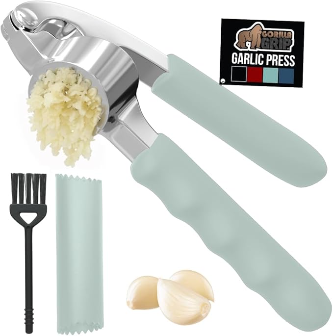 GORILLA GRIP Garlic Press and Peel Set, Heavy Duty Mincer Tool, Large Ergonomic Handle, Easily Mince and Crush Garlics, Ginger, Nuts, Seeds, Peeler Included, Peeling Cloves, Kitchen Gadgets, Mint
