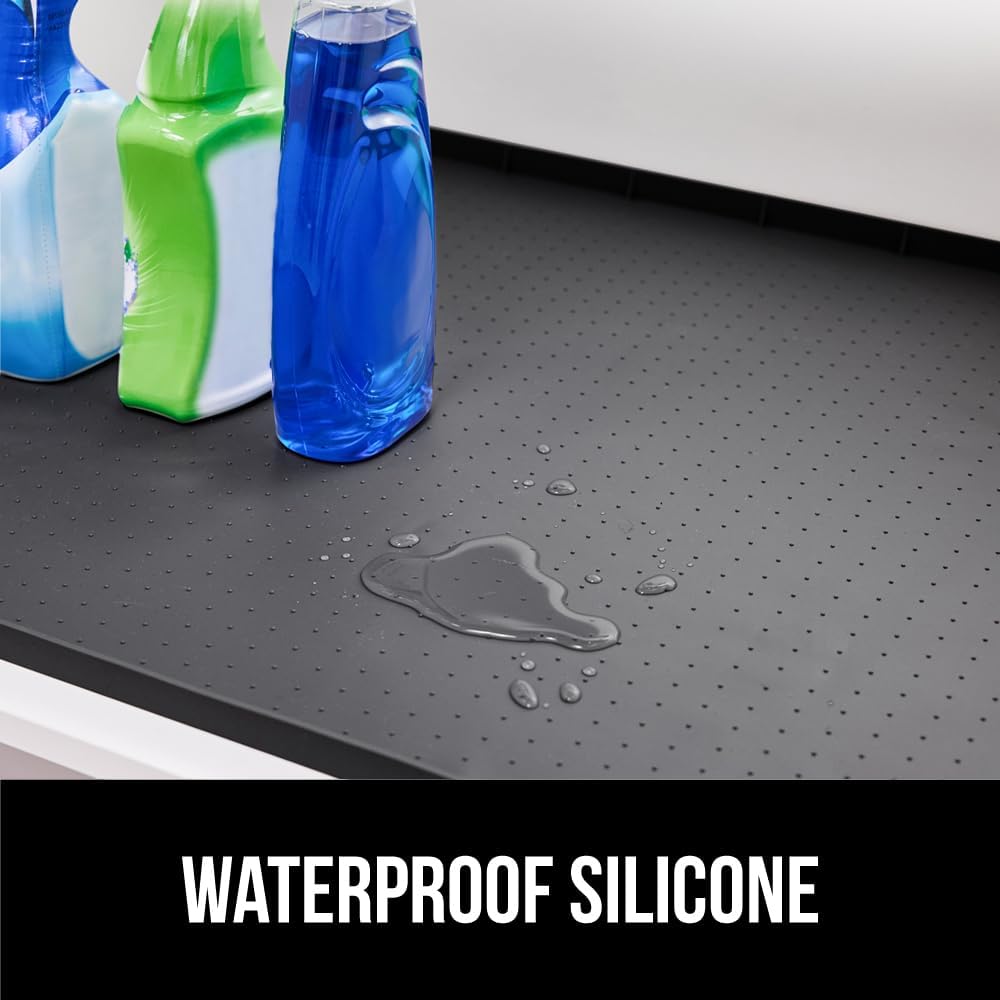GORILLA GRIP Waterproof Silicone Under Sink Mat with Raised Lip for Kitchen and Bathroom, 46 x 22 in, Cabinet Shelf Liner Stay in Place Mats Dishwasher Safe Drawer Liner, Organizer Tray, Black