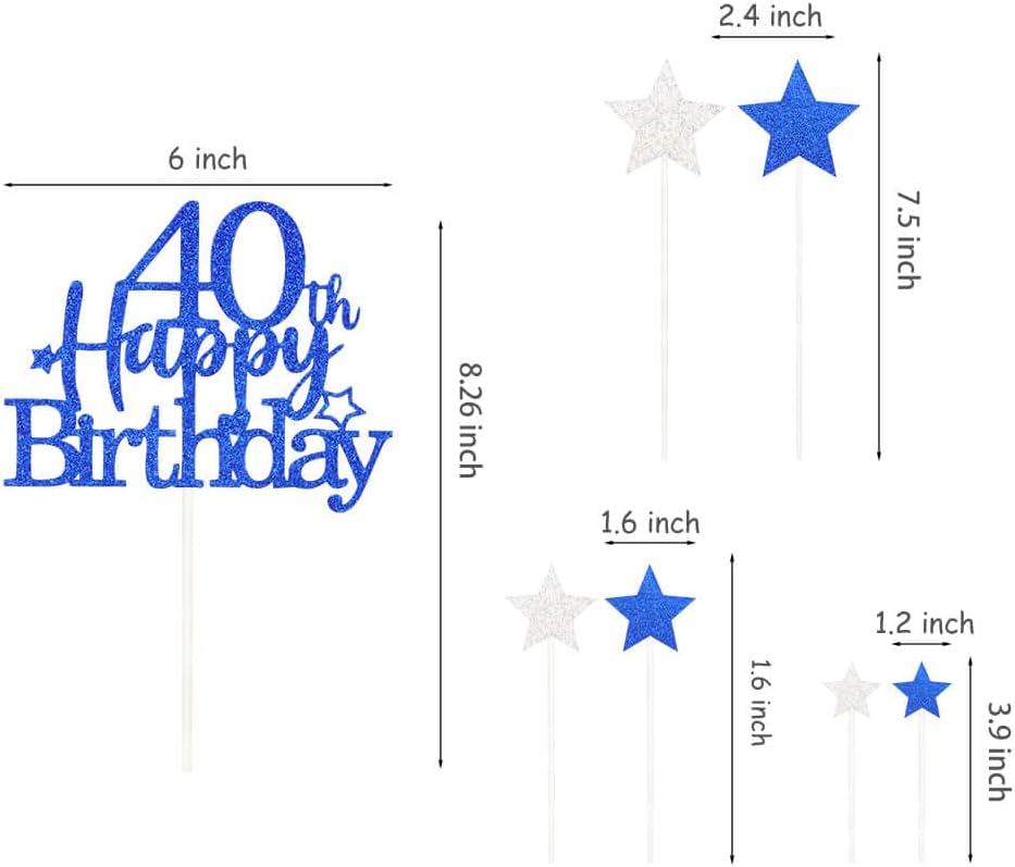 Glittery 40th Happy Birthday Cake Topper with Star,Personalised 40 Birthday Cake Toppers Party Decorations Party Supplies for Men Women Blue