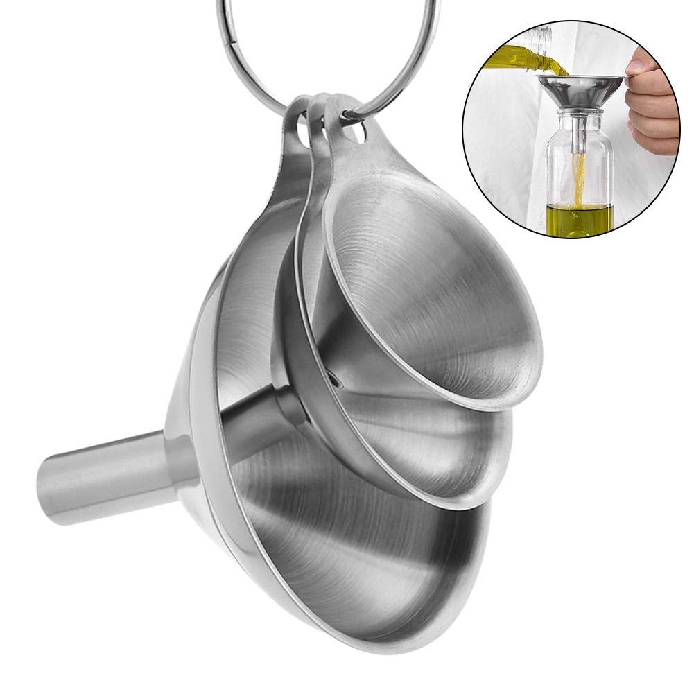 3 in 1 Metal Small Funnels for Filling Bottles Stainless Steel Small Kitchen Funnel Set for Transferring Essential Oils Liquid Fluid Spice Dry Ingredients Powder, Durable and Dishwasher Safe