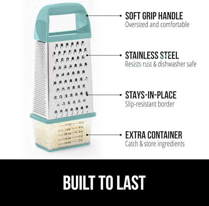 GORILLA GRIP 4-Sided 100% BPA-Free Cheese Grater With Container, Stainless Steel XL Box Graters, Parmesan Shredder, Grate Cheeses, Shred Veggies, Slip Resistant Handle, Dishwasher Safe Zester, Mint