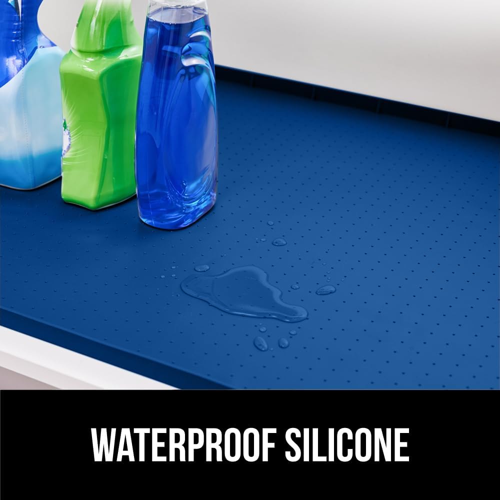 GORILLA GRIP Waterproof Silicone Under Sink Mat with Raised Lip for Kitchen and Bathroom, Cabinet Shelf Liner Stay in Place Mats Dishwasher Safe Drawer Liner, Organizer Tray, 19 x 34 in, Blue