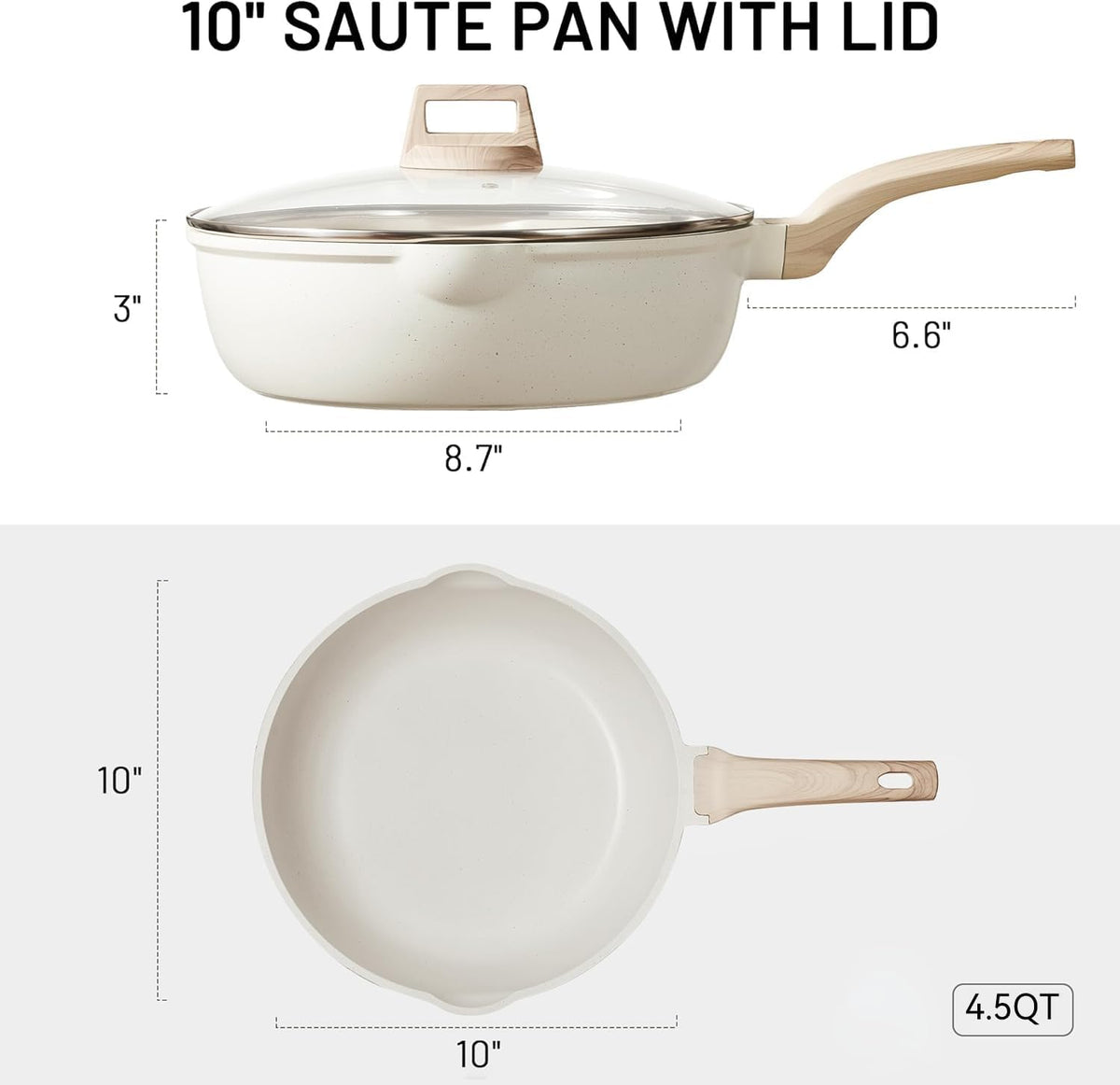 CAROTE 10Inch Nonstick Deep Frying Pan with Lid, 4.5Qt Jumbo Cooker Saute Pan with Pour Spout, Skillet Induction Cookware, Non Stick Cooking Pan Kitchen Pan PFOA Free, White Granite