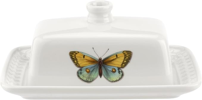 Portmeirion Botanic Garden Harmony Covered Butter Dish, 7.5 Inch - Porcelain Butter Keeper with Butterfly Motif - Dishwasher, Microwave, Freezer, Oven Safe - Vintage Inspired Kitchenware