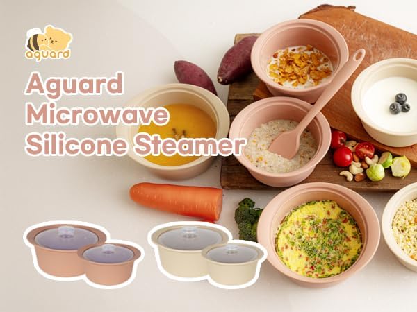 Microwave Silicone Steamer for Baby Food, Made In Korea, Oven & Dishwasher Safe to 482°F, Easy Clean, Microwave Pot with Handle & Lid, 100% Food Grade Steamer Bowl (Creme Brulee, 27.1oz (800ml))