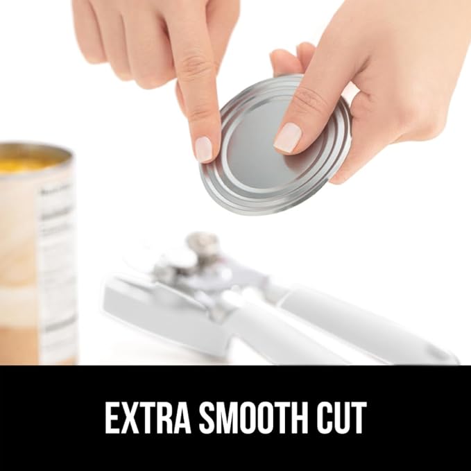 GORILLA GRIP Heavy Duty Stainless Steel Smooth Edge Manual Can Opener and Bottle Openers, Soft Comfortable Handle, Oversized Handheld Turn Knob, US Designed Multifunctional Kitchen Tool, White