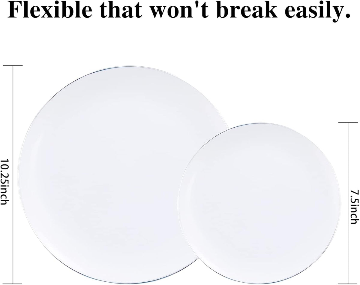 KIRE 100PCS Silver Plastic Plates - Heavy Duty White Disposable Plates with Silver Rim for Party/Wedding - Include 50Pcs 10.25inch Dinner Plates and 50Pcs 7.5inch Dessert Plates