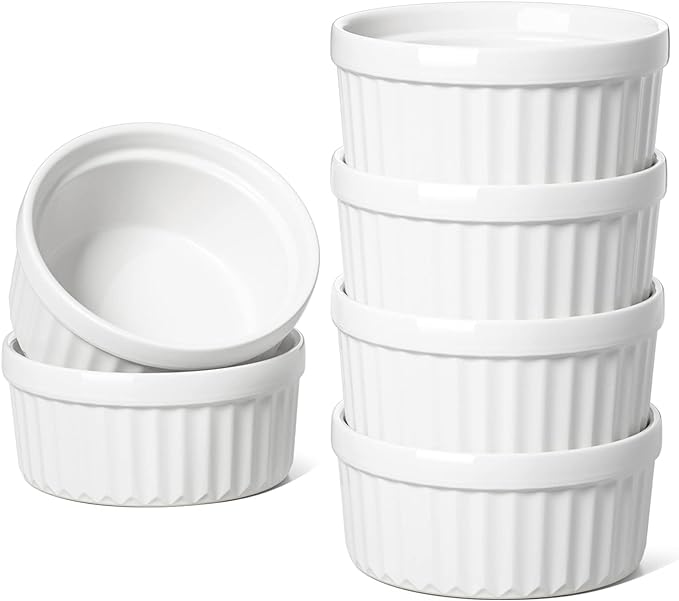 LE TAUCI Ramekins 4 OZ Oven Safe, Creme Brulee Ramekins, Pudding Custard Cups Souffle Ramiken, Dipping Sauce Dishes, Ceramic Ramekin Bowls Set of 6, White