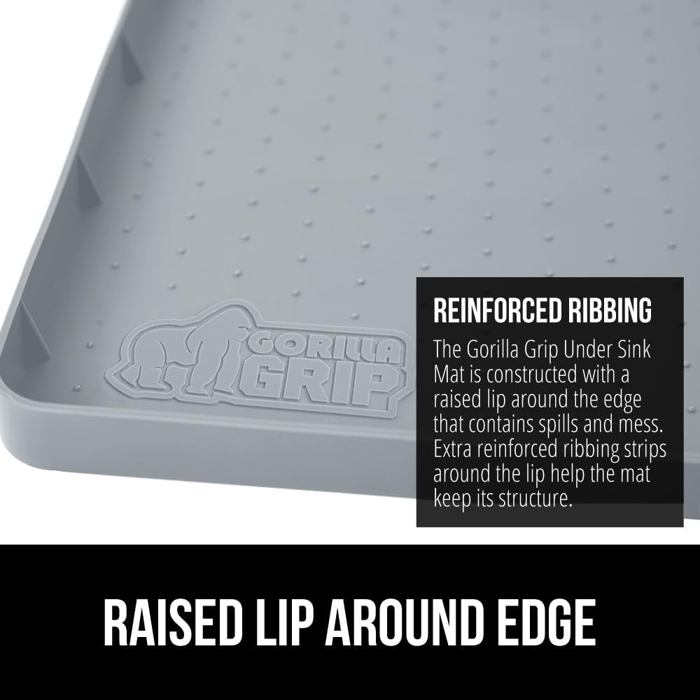 GORILLA GRIP Waterproof Silicone Under Sink Mat with Raised Lip for Kitchen and Bathroom, Cabinet Shelf Liner Stay in Place Mats Dishwasher Safe Drawer Liner, Organizer Tray, 19 x 34 in, Light Grey