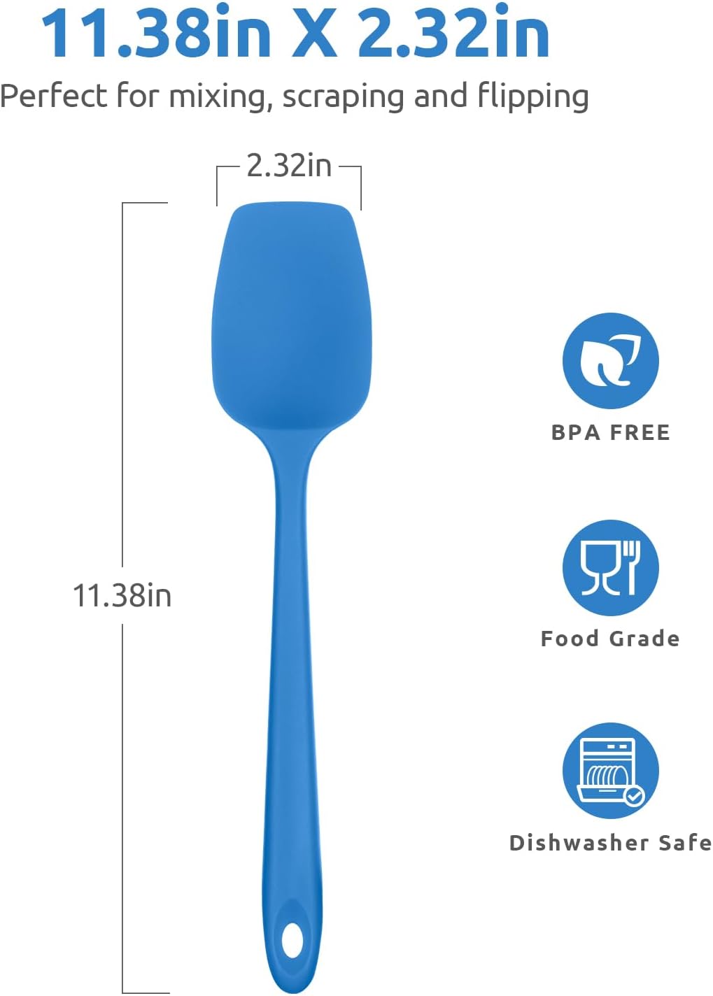 Heat Resistant Silicone Spoon Spatula: U-Taste 600ºF High Heat Flexible 11.38in Silicon Mixing Stirring Cooking Scraping Baking Bowl Scraper Seamless Spreader for Kitchen Nonstick Cookware (Lake Blue)