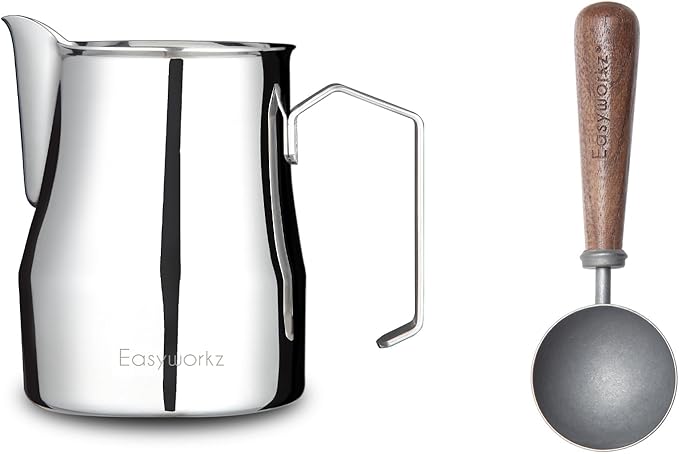 Easyworkz Espresso Steaming Pitcher Stainless Steel 15 oz Latte Art Cup, Bundled with Easyworkz Retro Stainless Steel Coffee Spoon with Black Walnut Handle,10g - Measuring Spoon (Vintage)