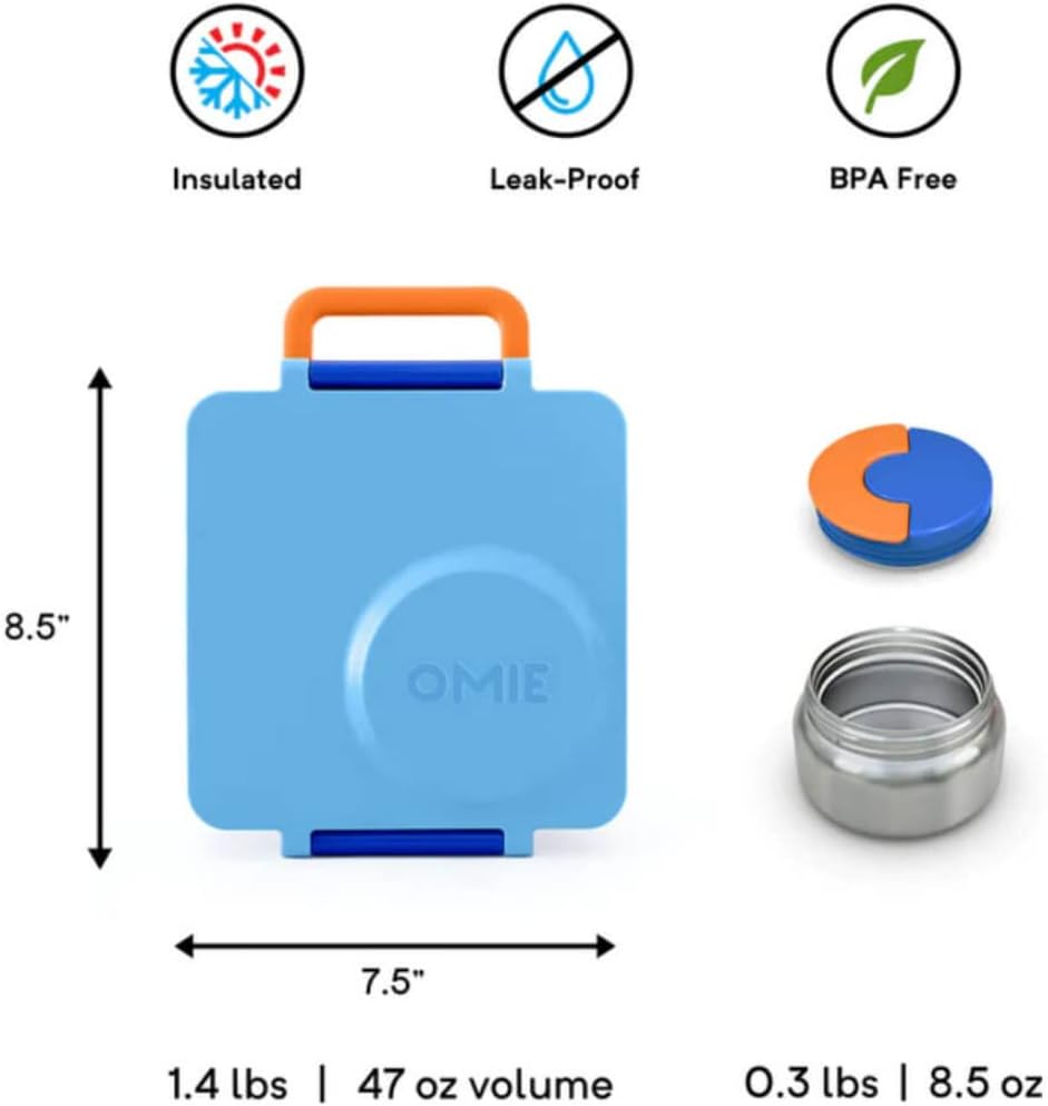 OmieBox Bento Box for Kids - Insulated Bento Lunch Box with Leak Proof Vacuum Insulated Food Jar - 3 Compartments, Two Temperature Zones (Blue Sky)