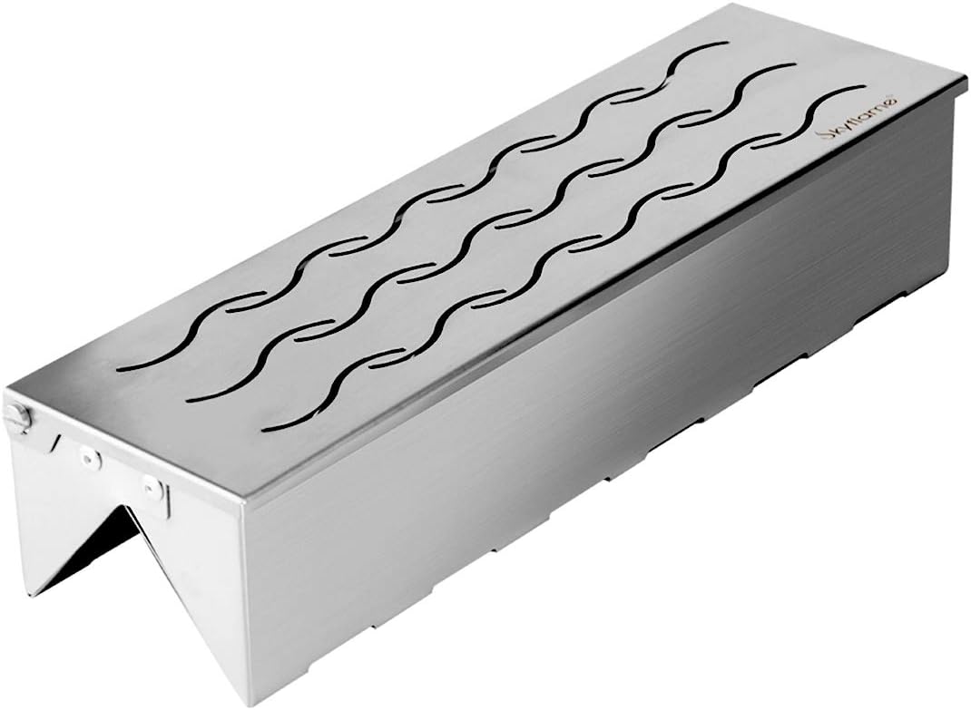 Skyflame Wood Chip Smoker Box, Stainless Steel Double V-shape BBQ Smoke Box with Hinged Lid for Charcoal & Propane Gas Grill, 12.5"(L) x 3.3"(W) x 2.5"(H), U.S. Design Patent