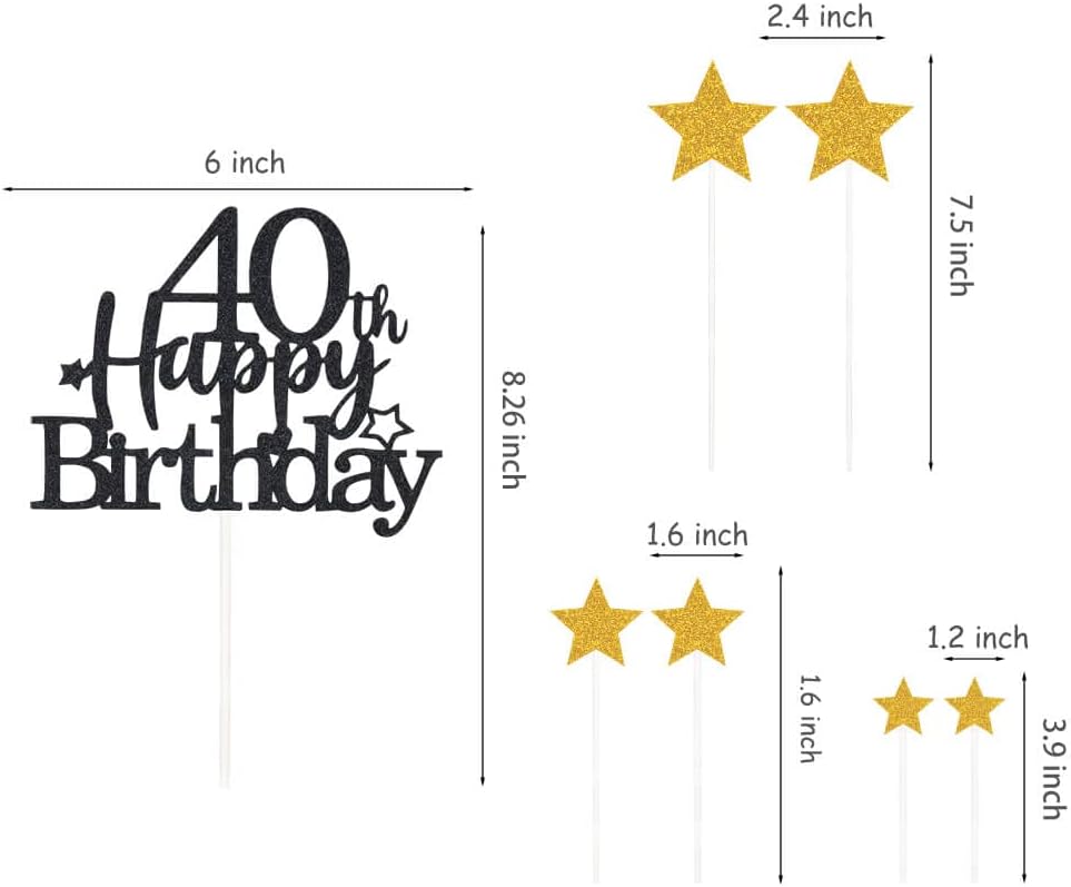 Glittery 40th Happy Birthday Cake Topper with Star,Personalised 40 Birthday Cake Toppers Party Decorations Party Supplies for Men Women Black Gold