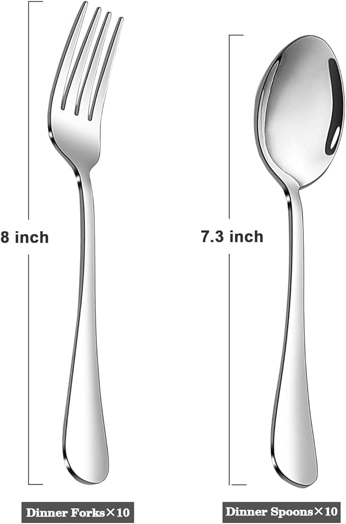 SANTUO Forks and Spoons Set, 10PCS 7.3" Salad Forks and 10PCS 7.3" Soup Spoons, Stainless Steel Silverware set of 20, Mirror Polished & Dishwasher Safe