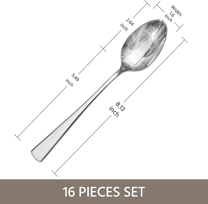 KINGSTONE 16 Piece Dinner Spoon Set, 18/10 Stainless Steel Spoons, Silver Food Grade Table spoons of 16, Metal Spoons for Home, Kitchen, Weddings, Parties or Restaurant, Dishwasher Safe-8.15inches