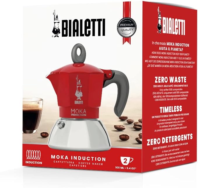 Bialetti - Moka Induction, Moka Pot, Suitable for all Types of Hobs, 2 Cups Espresso (2.8 Oz), Red
