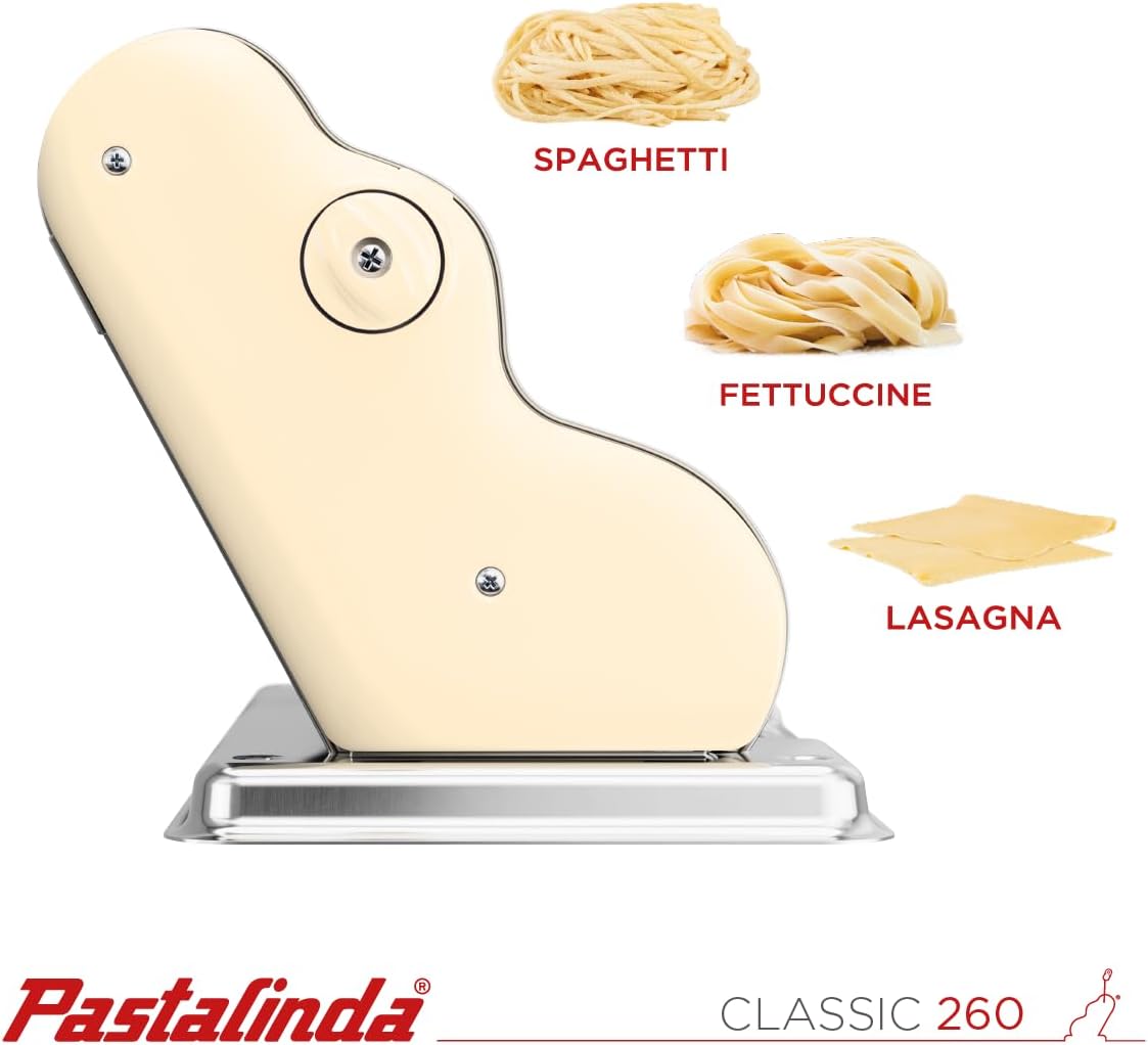 PASTALINDA Classic 260 Pasta Maker Machine, 26 cm Wide Rollers, 9 Thickness Positions, 2 Cutting Positions, Stainless Steel. Includes Reinforced Hand Crank And Two Clamps (Cream)