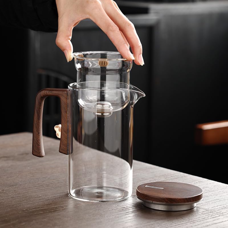 Enchanti Magic Tea Pot, 900ML Water Separation Glass Teapot with Wooden Handle, Press Control Enchanti Tea Infuser with Strainer for Loose Leaf Witchcraft Tea Kettle