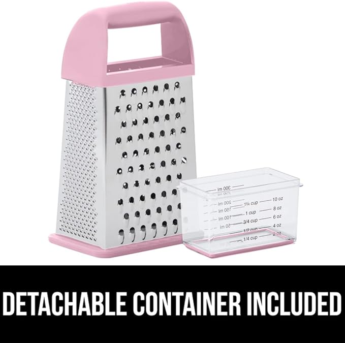 GORILLA GRIP 4-Sided 100% BPA-Free Cheese Grater With Container, Stainless Steel XL Box Graters, Parmesan Shredder, Grate Cheeses, Shred Veggies, Slip Resistant Handle, Dishwasher Safe Zester, Pink