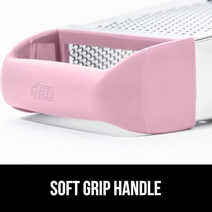GORILLA GRIP 4-Sided 100% BPA-Free Cheese Grater With Container, Stainless Steel XL Box Graters, Parmesan Shredder, Grate Cheeses, Shred Veggies, Slip Resistant Handle, Dishwasher Safe Zester, Pink