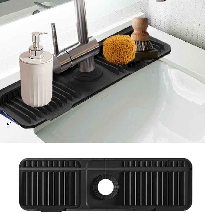 17.7" Silicone Faucet Mat for Kitchen Sink,Folding Sink Splash Guard Behind Faucet,Fasten Button & 6° Slope Design Faucet Drain Mat for Kitchen and Bathroom,Faucet Draining Mat(Black）