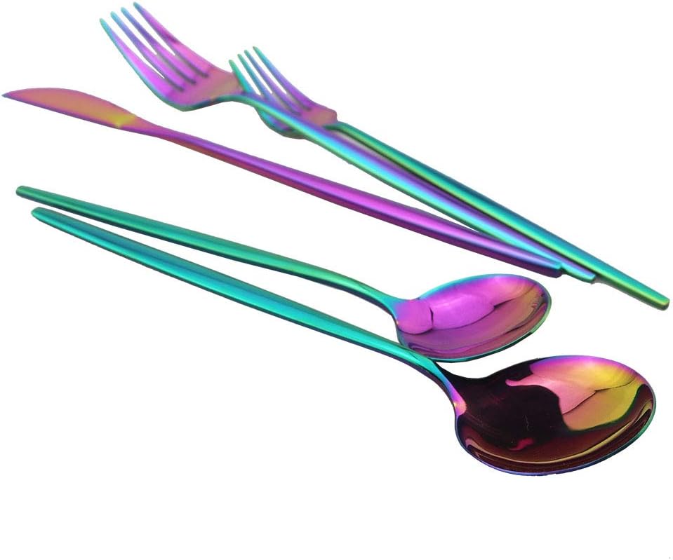 JASHII Shiny Rainbow Silverware Set, 30-Piece Stainless Steel Satin Finish Flatware, Kitchen Utensils, Mirror Polished Tableware Cutlery for Home and Restaurant, Dishwasher Safe
