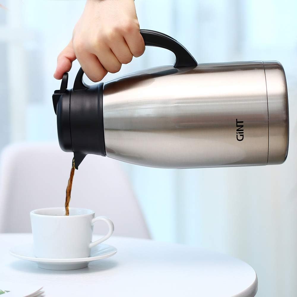 GiNT Stainless Steel Thermal Coffee Carafe, Double Walled Vacuum Water and Beverage Dispenser, 12 Hour Heat Retention, 65 OZ /1.9 Liter, Silver