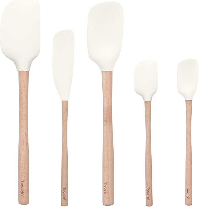 Tovolo Silicone Spatula with Wooden Handle Set of 5 Piece Silicone Kitchen Utensil Set Spoonula Jar Scraper Mini Spatula and Spoonula for Cooking Baking Mixing Folding White Cookware Set
