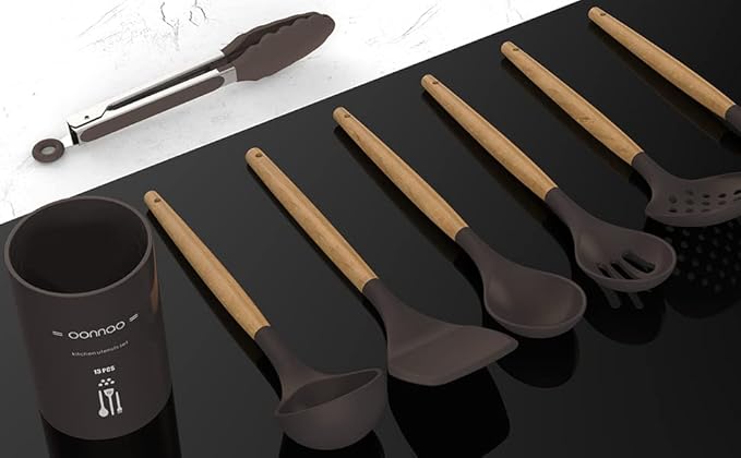 Silicone Cooking Utensils Set - 446°F Heat Resistant Silicone Kitchen Utensils for Cooking,Kitchen Utensil Spatula Set w Wooden Handles and Holder for Non-Stick Cookware, BPA FREE (Coffee)