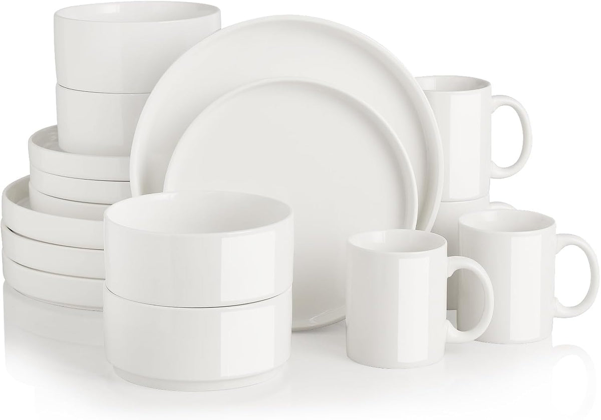 Sweejar Porcelain Dinnerware Sets for 4, 16 Pieces Ceramic Plates and Bowls Set, Classic Modern Simple Kitchen Dinner Dining Ware Set, Dishwasher and Microwave Safe Dishes Sets with Cups(Pure White)