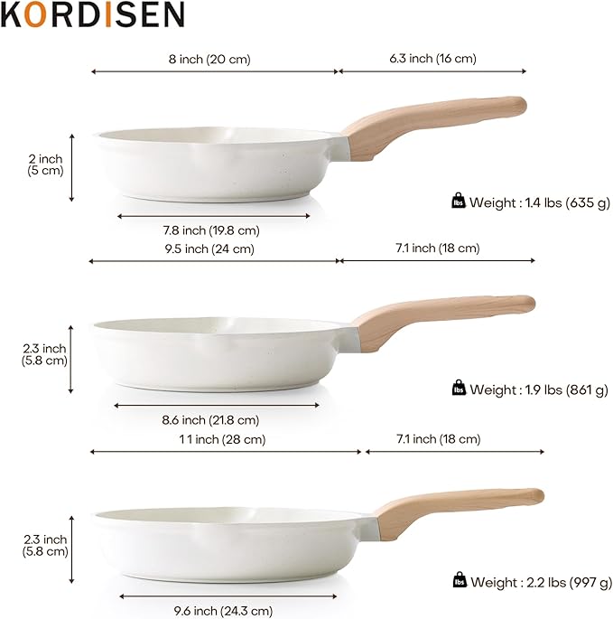 Kordisen Nonstick Ceramic Frying Pan Set, 3 Piece Ceramic Skillet Set, Healthy Non Toxic Cooking Pan, Stay-Cool Handle, Induction Compatible, PFOA & PFAS Free, White