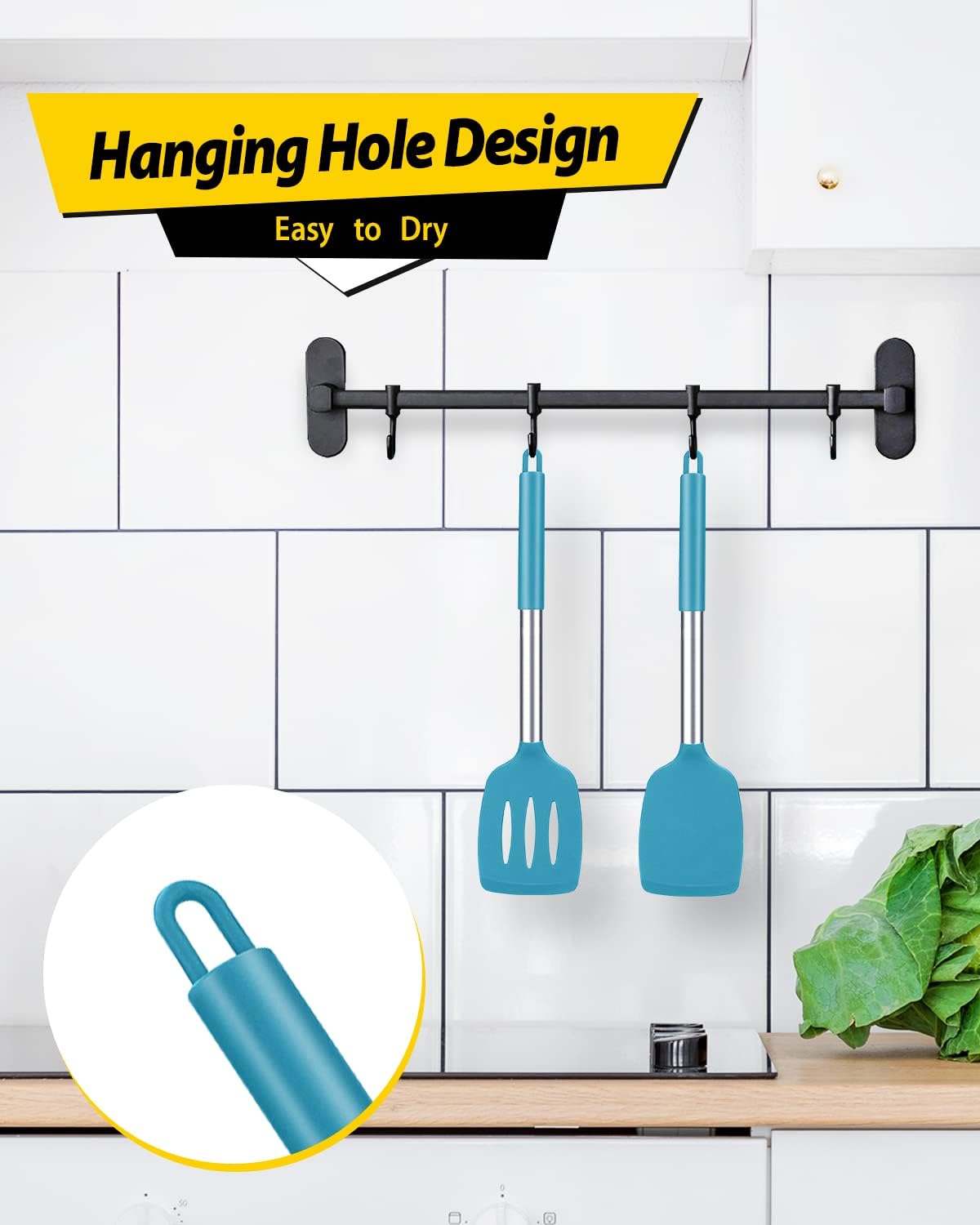 Pack of 2 Silicone Solid Turner, Non Stick Slotted Kitchen Spatulas, High Heat Resistant BPA Free Cooking Utensils, Ideal Cookware for Fish, Eggs, Pancakes(Blue)