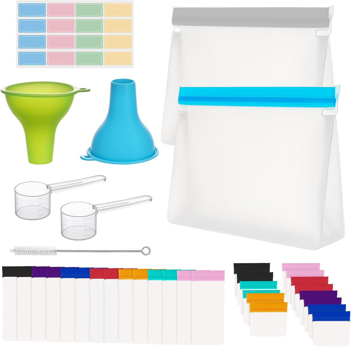 Protein Powder Travel Kit - 14 Single/Double Dose Pouches + 2 Large Storage Bags and 14 Pill Pouch Bags with Funnels, Scoops & Labels, TSA-Compliant Supplement Organizer