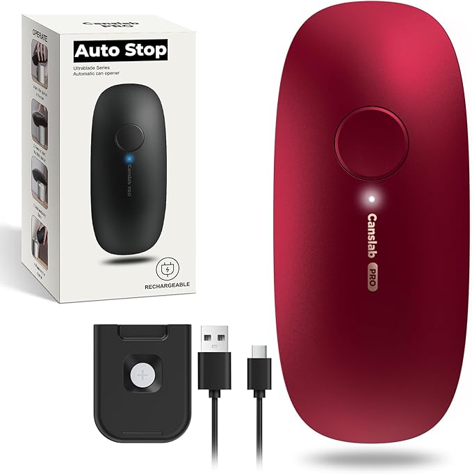Canslab Ultrablade PRO Auto Stop Can Opener - Rechargeable Electric Can Opener for Kitchen for Seniors with Arthritis- One touch Side Cut Can Opener, Smooth Edge, Handfree, Portable Small Size, Red