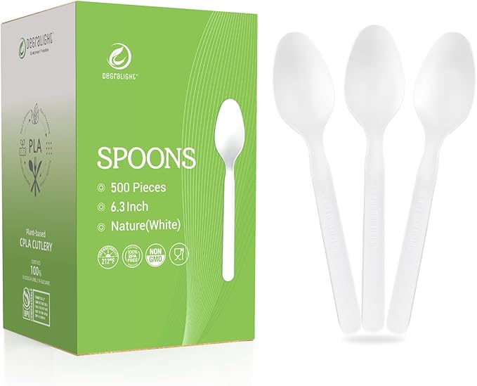 Compostable Spoons [500 Pcs] Disposable Spoons Bulk BPI Certified BPA-Free, Heat Resistant, Durable Disposable Utensils Alternative to Plastic Silverware for Daily, Party & Camping