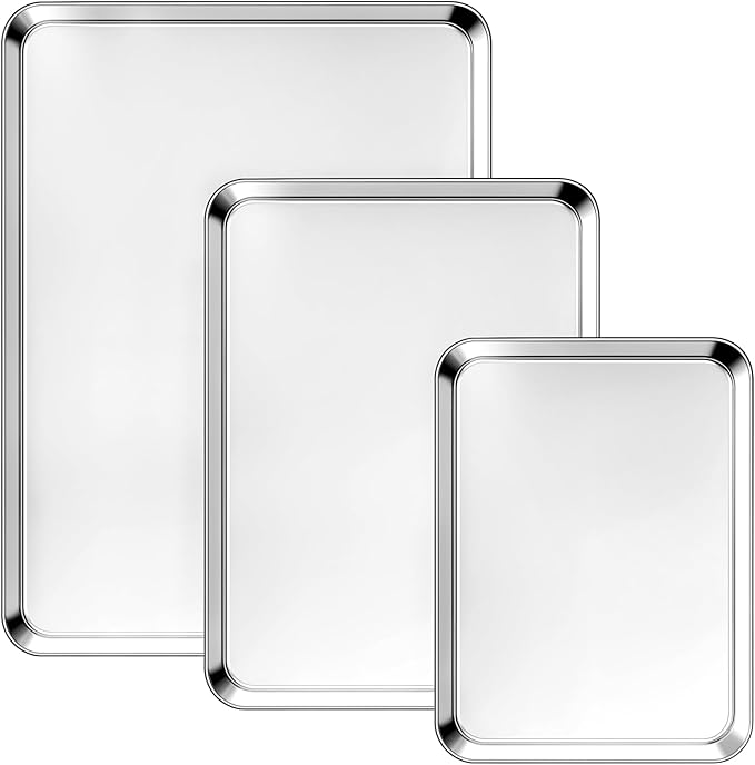 Ohtomber Stainless Steel Baking Sheet Pan Set, 3 Pack Cookie Sheets for Baking, Heavy Duty Stainless Steel Cookware Set, Oven Cookie Tray for Roasting, 9/12/16 Inch