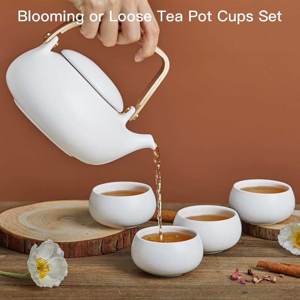 ZENS Modern Japanese Tea Set, 27 oz Ceramic Japanese Teapot with Fine Stainers and 4 Cups for Loose Leaf Tea Steeper, Wood Handle Matte Japanese Teapots Hot Tea Brewer for Tea Party Women Gifts