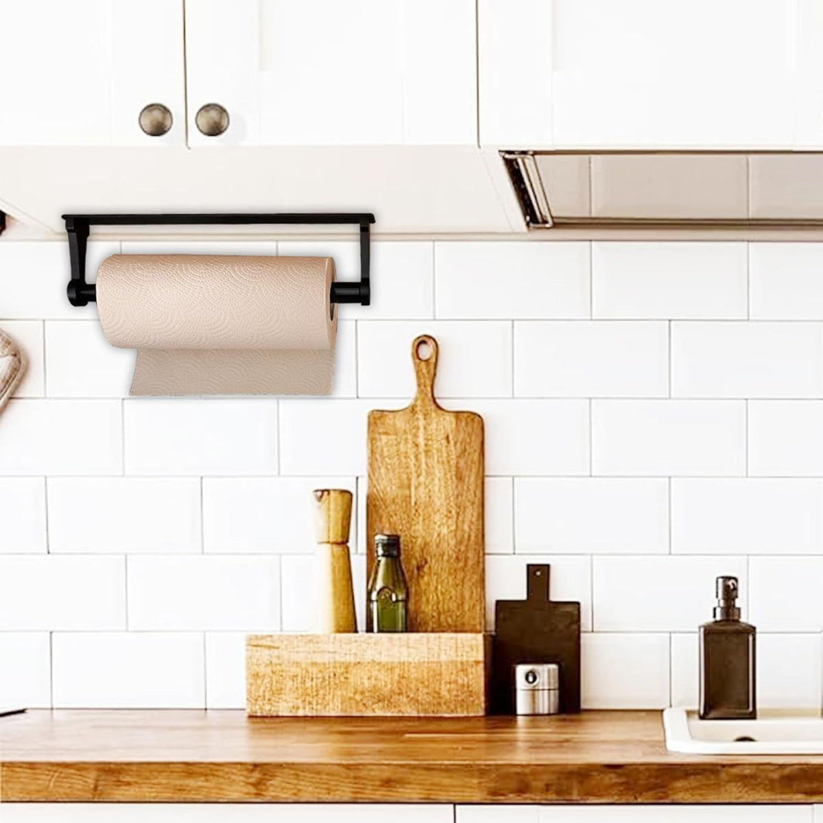 MONEER Paper Towel Holder Under Cabinet, Paper Towel Holder, Aluminum Alloy Kitchen Towel Holders, Self Adhesive Kitchen Roll Holder for Kitchen, Bathroom, Living Room (Black)