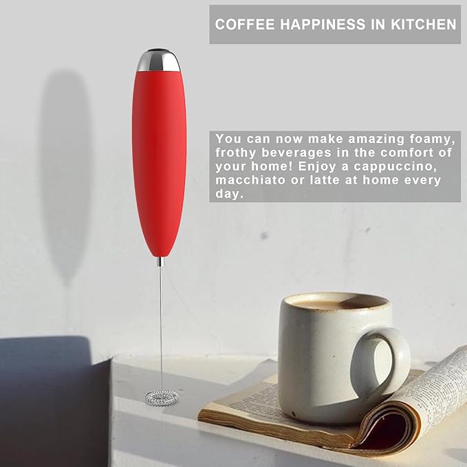 Electric Milk Frother Handheld For Coffee, Upgraded Motor Electric Whisk Durable Low Noise Mini Drink Mixer Portable Foam Maker For Cold Milk Bulletproof Coffee Latte Cappuccino Matcha in Kitchen, Red